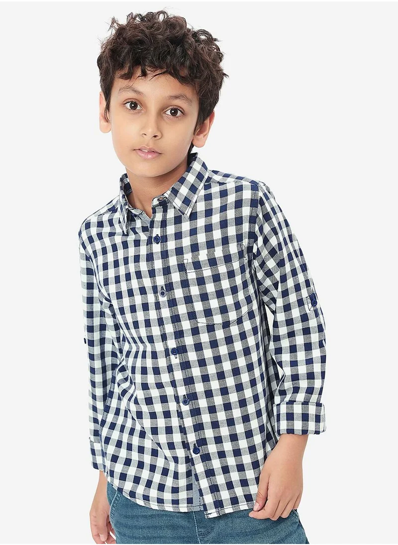 بونكيدز Regular Long Sleeve Printed Navy And White Cotton Shirt For Boys 100 % Cotton