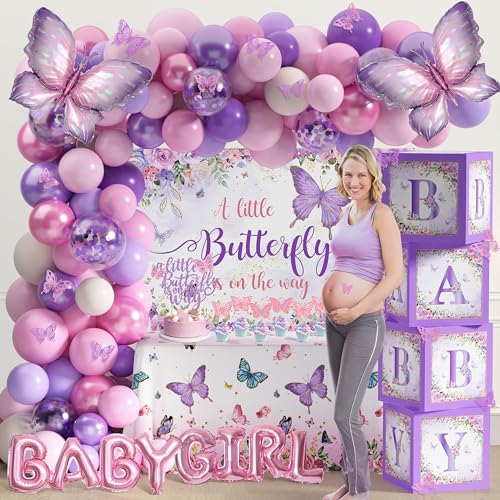 TREWAVE Butterfly Baby Shower Decorations for Girls A Little Butterfly Is On The Way Party Backdrop Butterfly Cake Toppers Stickers Pink Purple Balloons Baby Boxes for Girl Birthday Baby Shower Decor - Image 5
