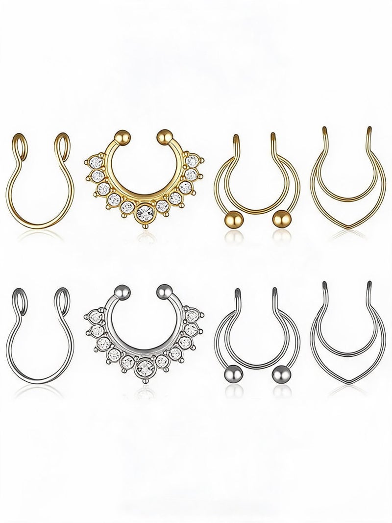 Fake Septum Ring, 8 Pcs Fake Nose Ring Stainless Steel Faux Septum Piercings Clip On Faux Nose Rings for Women Men Non Piercing Nose Jewelry (Gold, Silver) - Image 1