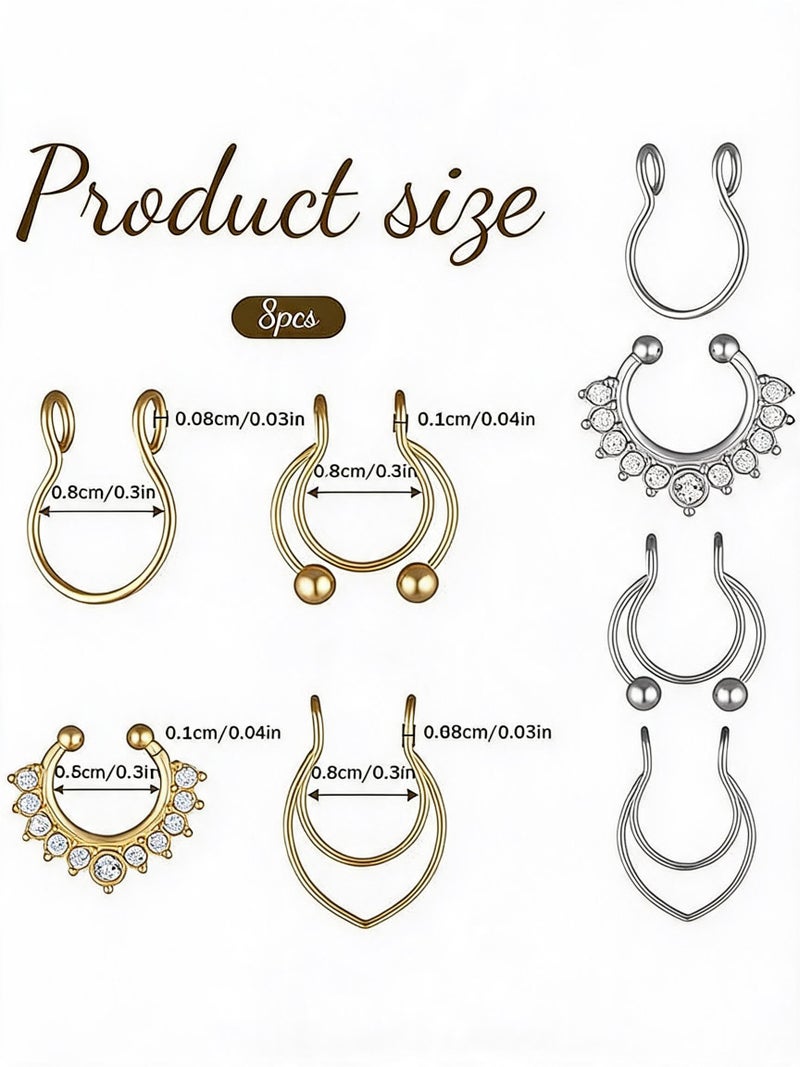 Fake Septum Ring, 8 Pcs Fake Nose Ring Stainless Steel Faux Septum Piercings Clip On Faux Nose Rings for Women Men Non Piercing Nose Jewelry (Gold, Silver) - Image 2
