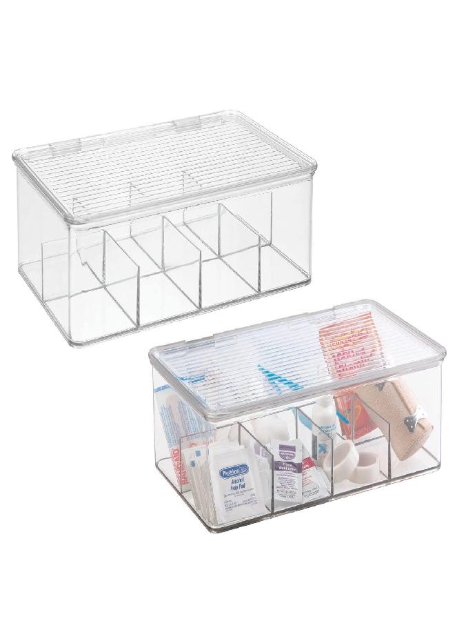 mDesign Plastic Divided First Aid Storage Box Kit with Hinge Lid for Bathroom, Kitchen, Cabinet, Closet - Organize Medicine, Ointments, Adhesive Bandages, Dental - 8 Sections, 2 Pack - Clear - Image 1