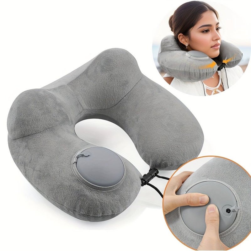 Navy Portable Inflatable U Shaped Neck Support Pillow Travel Nap Polyester Side Sleeper Airplane Car - Image 1