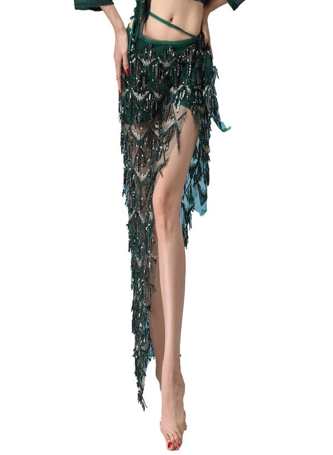 MUNAFIE Hip Scarf for Belly Dance Folk Dance Halloween Costume Tribal Dance Skirt with Sequin Tassel Green - Image 1