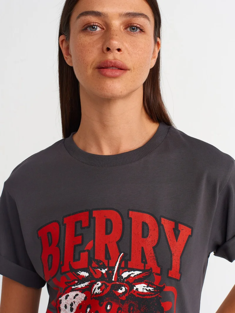 Dilvin 31064 Printed Crew Neck T-Shirt-Anthracite