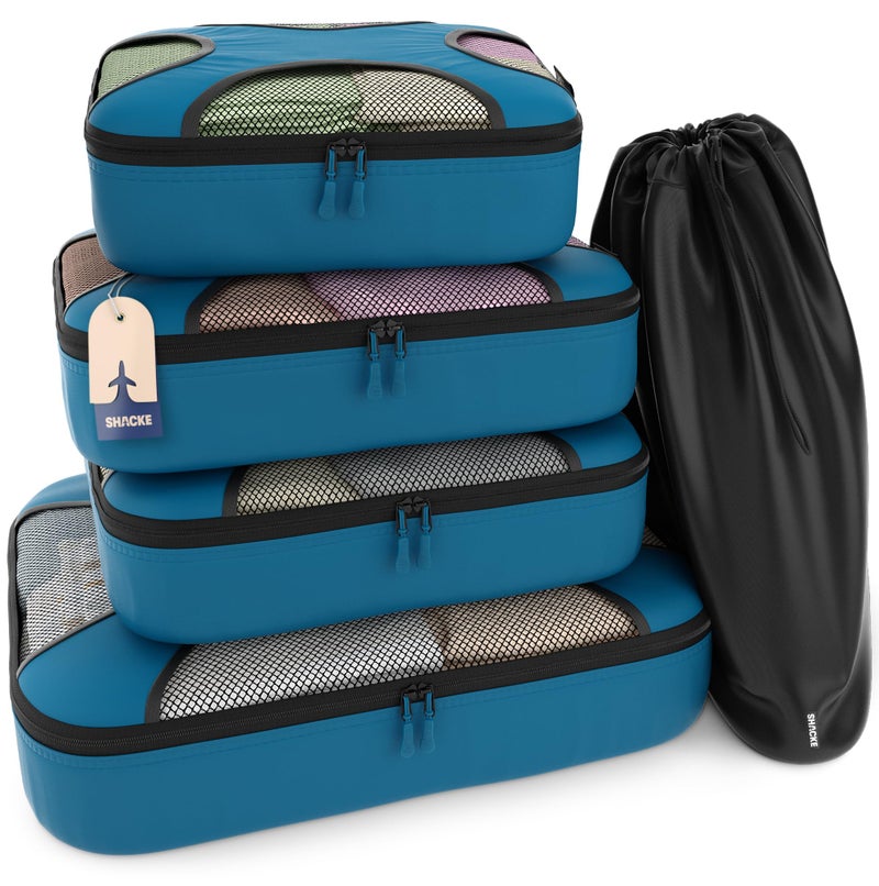 Shacke Premium 5 Packing Cubes Set  Lightweight Mesh Travel Luggage Organizers with Laundry Bag 5Piece Suitcase Storage System Gentlemens Blue