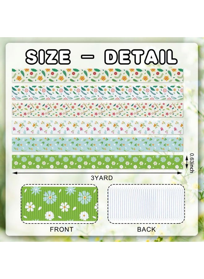 YKW Spring Grosgrain Ribbon, 8 Pack (5/8 Inch x 3 Yards Each), Floral Bird Ribbon, Garden Theme Craft Ribbons for Gift Wrapping Wedding Party Home Decoration DIY Projects - Image 2