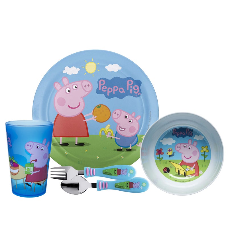 Zak Designs 5-Piece Dinnerware Set, Peppa Pig - Durable Plastic & Stainless Steel - Includes Tumbler, 8-Inch Plate, 6-Inch Bowl, Fork & Spoon - Suitable for Kids Ages 3+ - Image 1