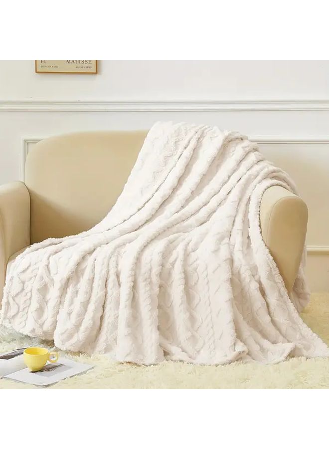 Beige 40x60 Inch Reversible Fleece Throw Blanket Cozy 3D Jacquard Design Lightweight Plush - Image 4