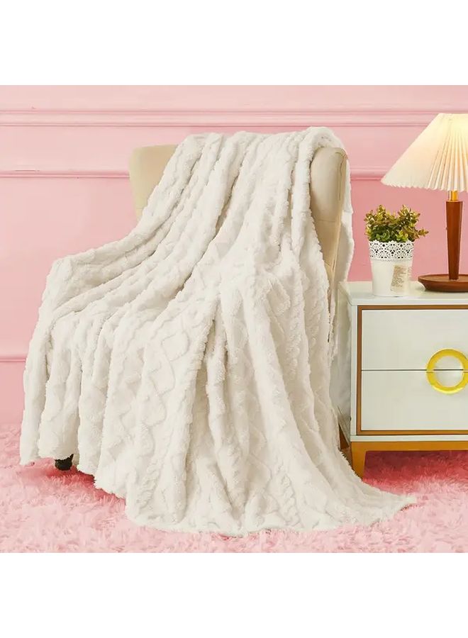 Beige 40x60 Inch Reversible Fleece Throw Blanket Cozy 3D Jacquard Design Lightweight Plush - Image 1
