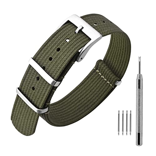 ANNEFIT Nylon Watch Band 16mm OnePiece Waterproof Military Watch Straps with Heavy Silver Buckle Army Green - Image 1
