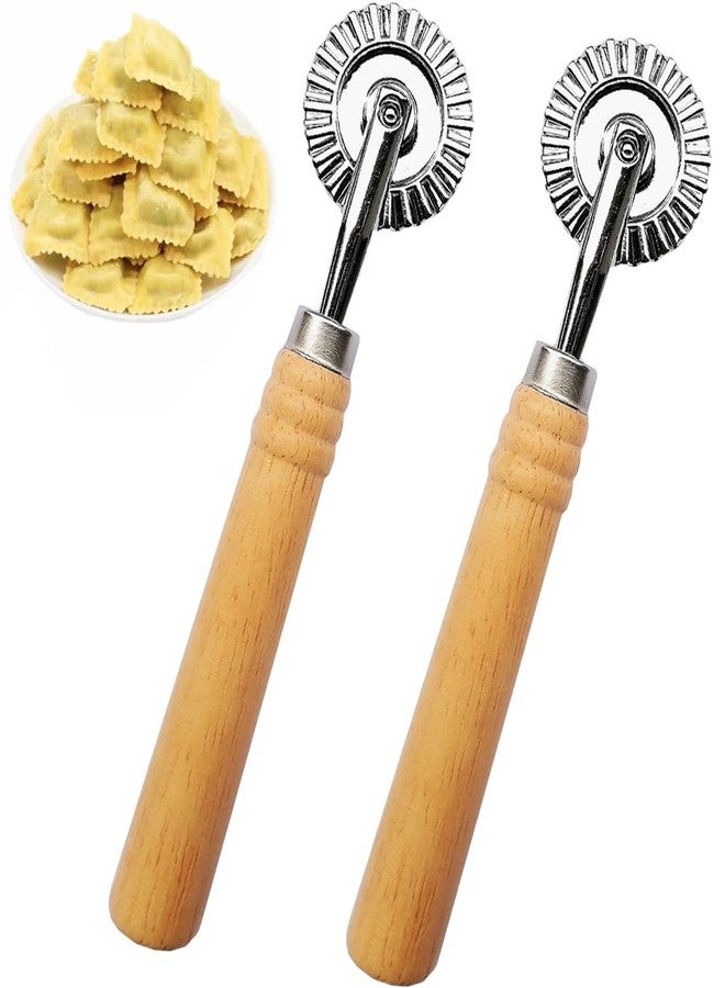 MTOMDY 2 PCS Ravioli Cutter Stamps with Roller Wheel Round Mold with Wooden Handle and Fluted Edge Pasta Press Pasta Cutter for Home and Kitchen Use- 1.6" Diameter - Image 1
