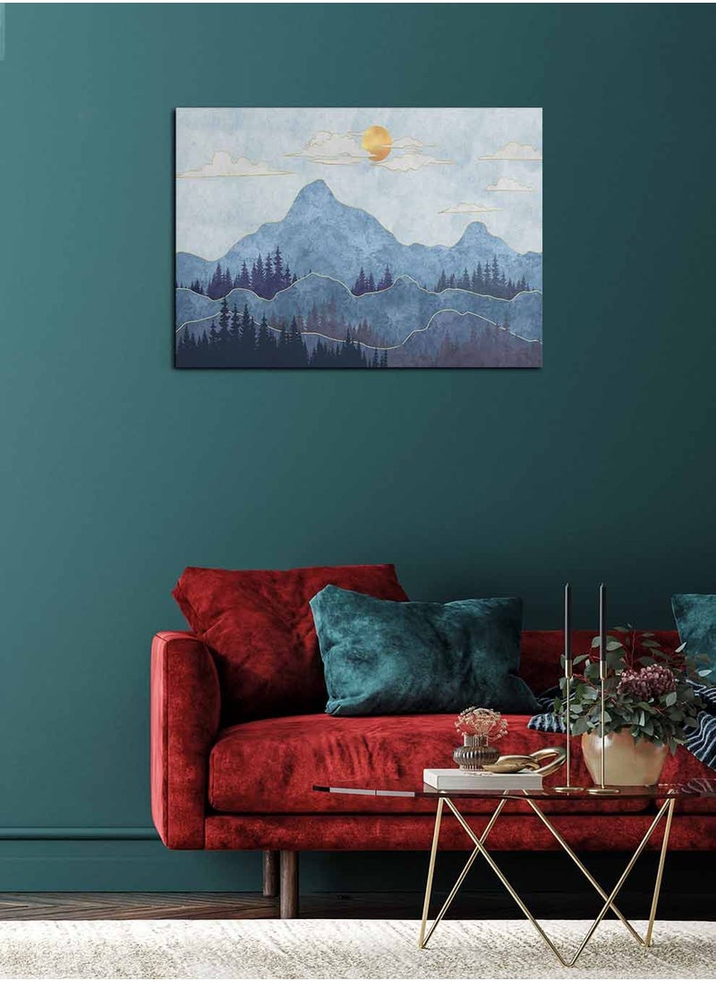 LOWHA Framed Canvas Wall Art Stretched Over Wooden Frame, Silhouettes of Mountains with Trees Landscape Orientation Painting, For Home, Living Room, Office Decor  - Image 1
