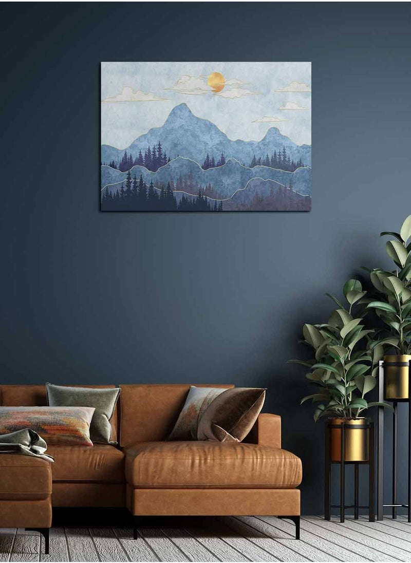 LOWHA Framed Canvas Wall Art Stretched Over Wooden Frame, Silhouettes of Mountains with Trees Landscape Orientation Painting, For Home, Living Room, Office Decor  - Image 3