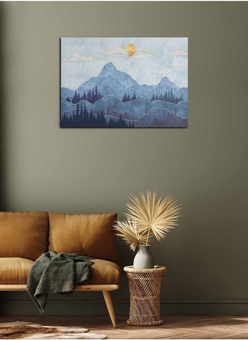 LOWHA Framed Canvas Wall Art Stretched Over Wooden Frame, Silhouettes of Mountains with Trees Landscape Orientation Painting, For Home, Living Room, Office Decor  - Image 2