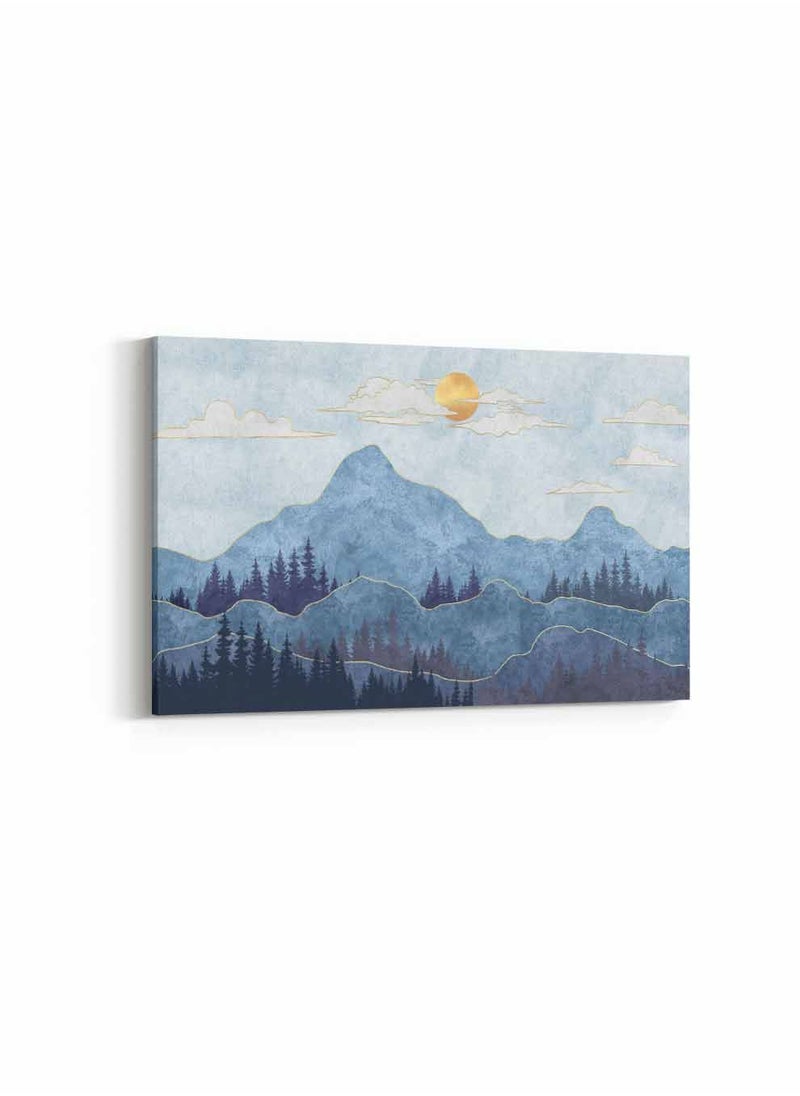 LOWHA Framed Canvas Wall Art Stretched Over Wooden Frame, Silhouettes of Mountains with Trees Landscape Orientation Painting, For Home, Living Room, Office Decor  - Image 4