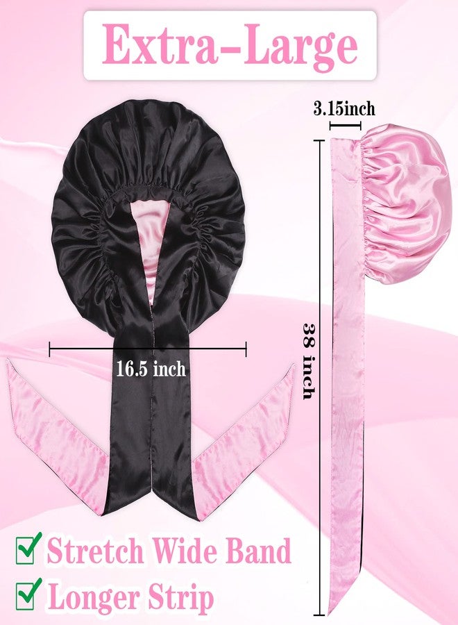 JEFHOMKIT Jumbo Bonnet,Reversible Double Layer Satin Bonnet for Black Women,Adjustable Extra Large Sleeping Satin Lined Bonnet,Silk Bonnet Night Cap with Wide Tie Band for Braids Long Curly Hair(Black Pink) - Image 3