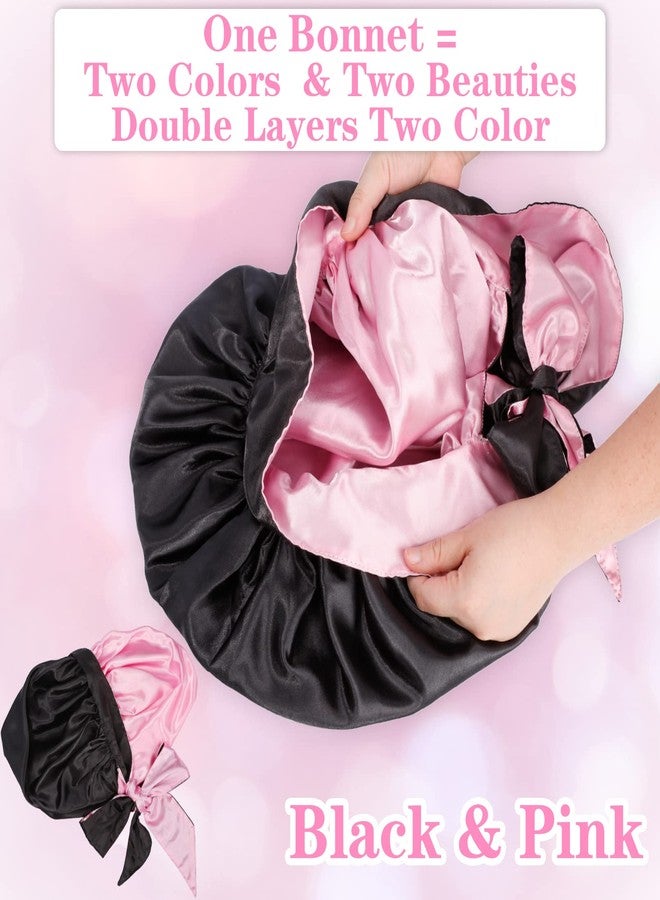JEFHOMKIT Jumbo Bonnet,Reversible Double Layer Satin Bonnet for Black Women,Adjustable Extra Large Sleeping Satin Lined Bonnet,Silk Bonnet Night Cap with Wide Tie Band for Braids Long Curly Hair(Black Pink) - Image 2