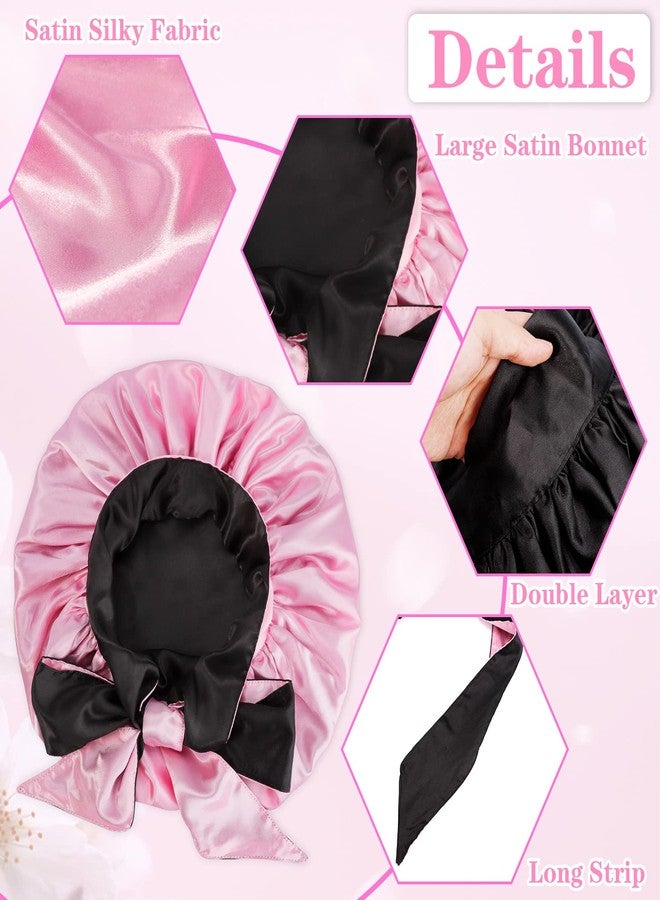 JEFHOMKIT Jumbo Bonnet,Reversible Double Layer Satin Bonnet for Black Women,Adjustable Extra Large Sleeping Satin Lined Bonnet,Silk Bonnet Night Cap with Wide Tie Band for Braids Long Curly Hair(Black Pink) - Image 5
