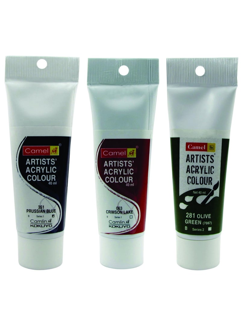 camel Camlin Kokuyo Acrylic Tubes 40ml- Olive Green, Prussian Blue & Crimson Lake 