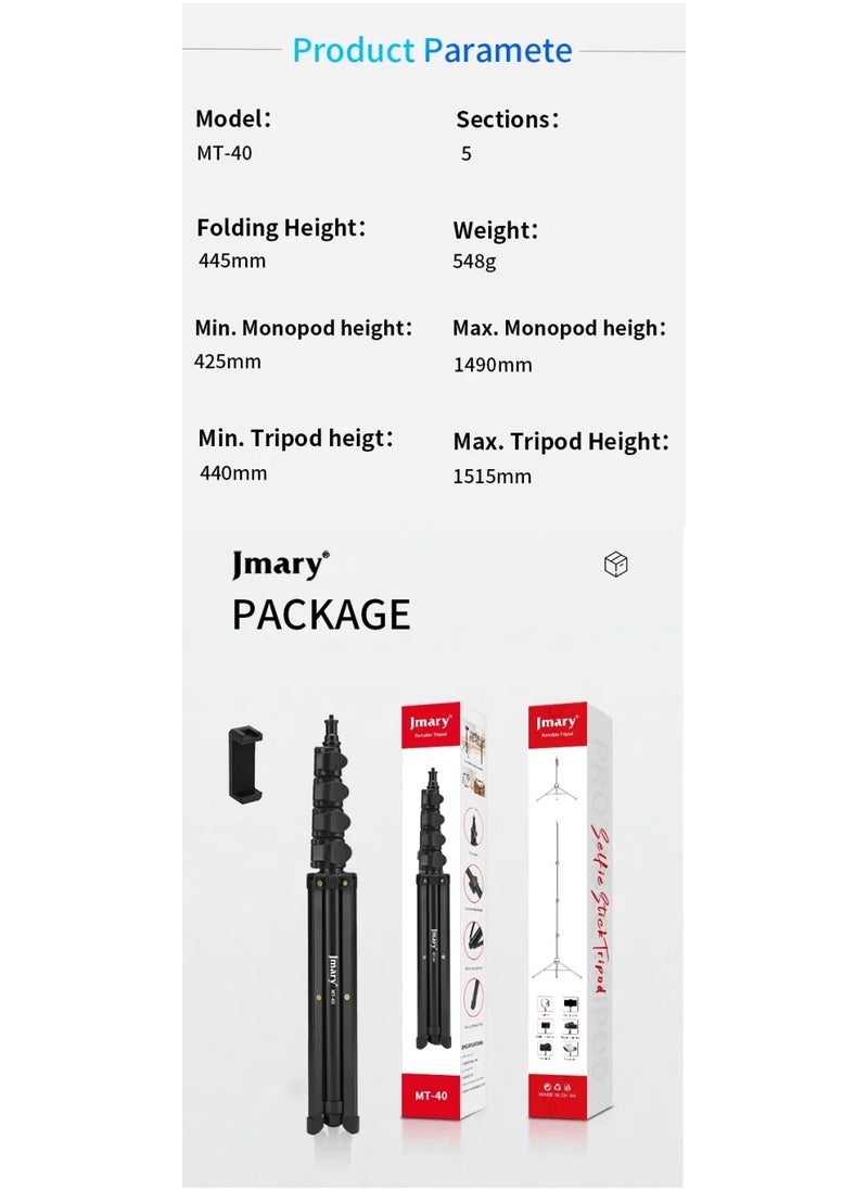 Professional 2 in 1 Tripod MT-40 , Extendable 151cm Mobile Phone and Camera Holder with Selfie Stick, Lightweight and Durable, Aluminum Design with Rotating Head and Quick Lock, Ideal for Video Shooting, Live Streaming, Vlogging, and Content Creation , Compatible with Mobile Phones, Cameras, and GoPro