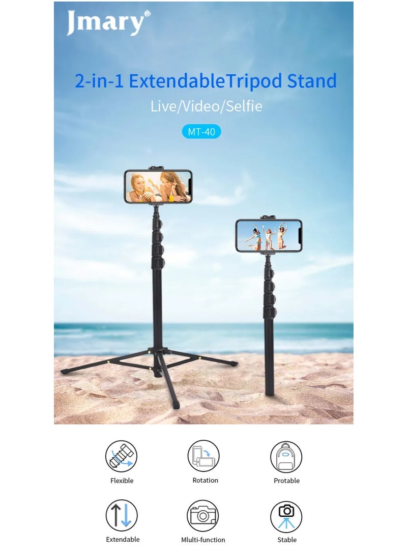 Professional 2 in 1 Tripod MT-40 , Extendable 151cm Mobile Phone and Camera Holder with Selfie Stick, Lightweight and Durable, Aluminum Design with Rotating Head and Quick Lock, Ideal for Video Shooting, Live Streaming, Vlogging, and Content Creation , Compatible with Mobile Phones, Cameras, and GoPro
