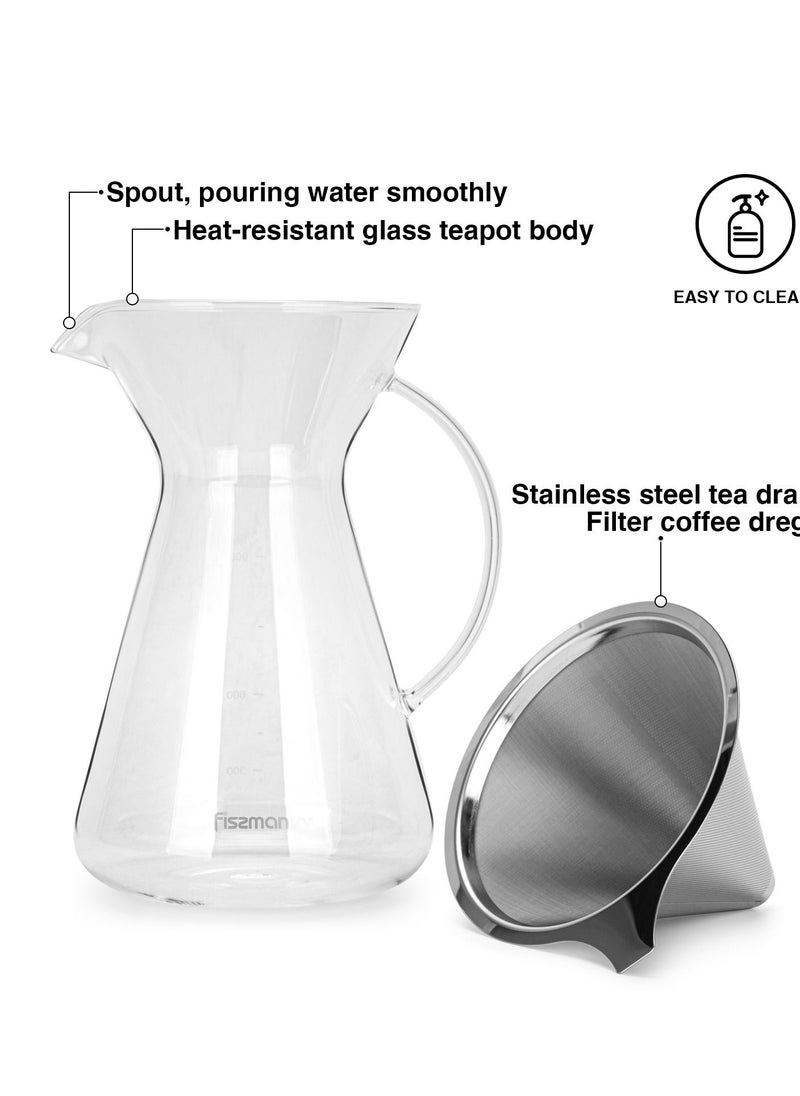 Fissman Coffee Pot Borosilicate Glass Pour Over Series with Stainless Steel Filter, Heat Resistant Glass Tea Pot Infuser, Great For Loose Leaf Tea, Blooming Tea Bags 900ml  - Image 3