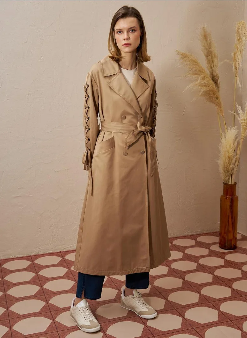Kayra Tie Detail Belted Trench Coat Beige
