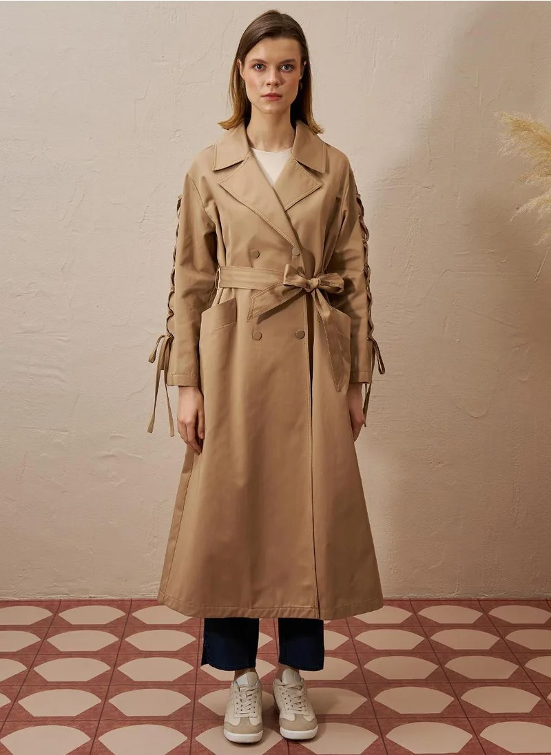 Kayra Tie Detail Belted Trench Coat Beige