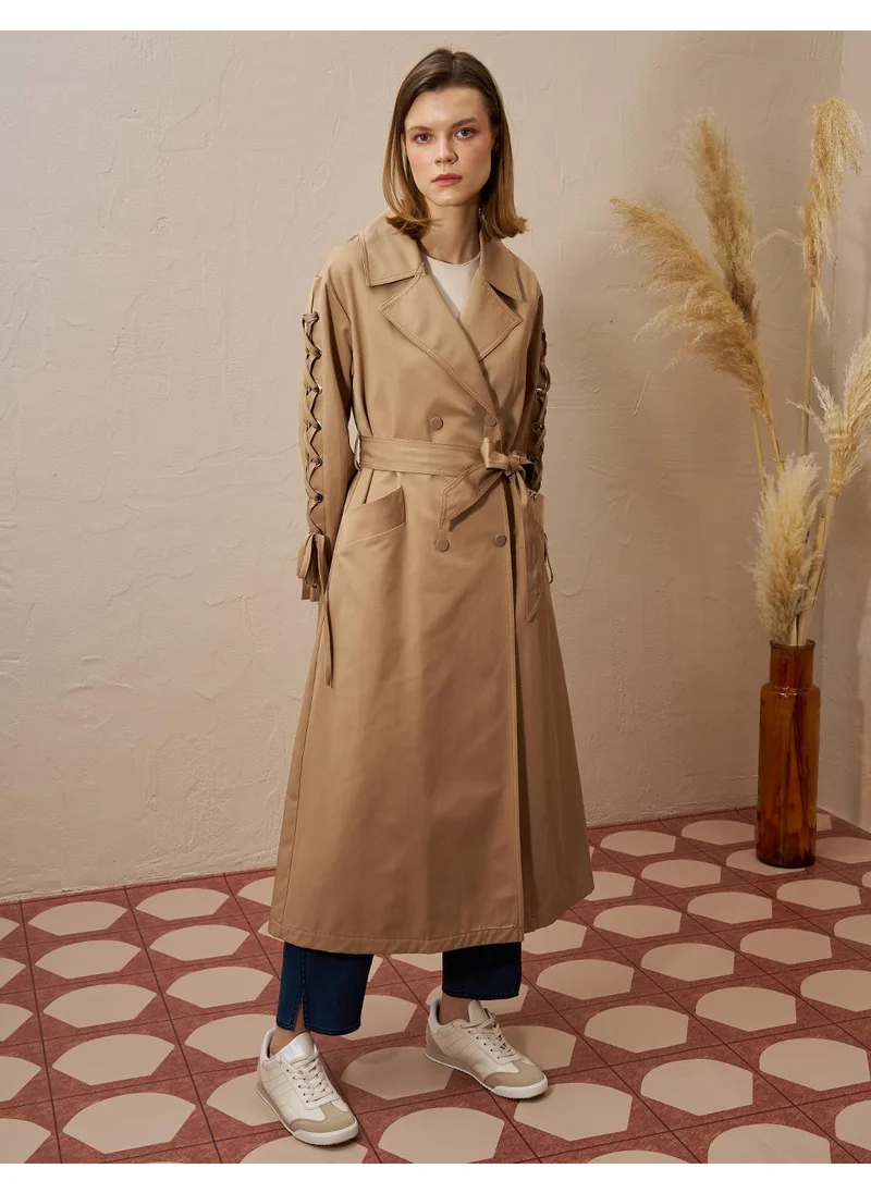 Kayra Tie Detail Belted Trench Coat Beige