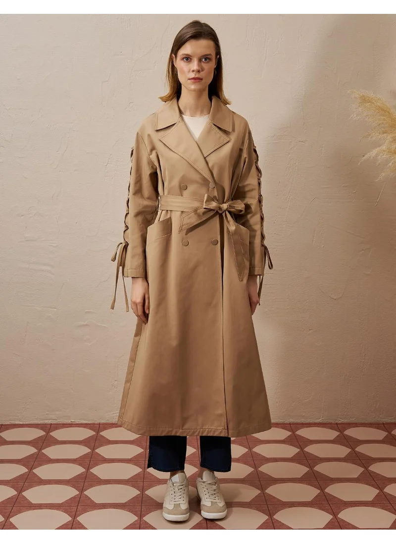 Kayra Tie Detail Belted Trench Coat Beige
