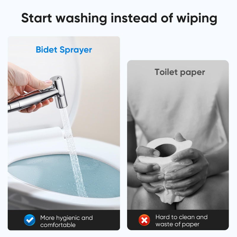 Arofa Chrome Handheld Bidet Sprayer for Toilet - Stainless Steel Cloth Diaper Jet Spray, Adjustable Water Pressure Control With Spray Hoses for Baby/Feminine Wash - Image 2