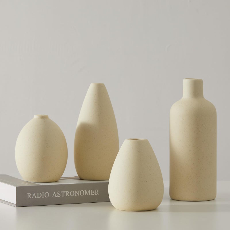 Cemabt Beige Ceramic Vase Set - 4 مزهريات صغيرة للزهور مزهريات زهرة فريدة من نوعها للمزهريات المركزية المزخرفة الحديثة لمجهزة ديكور المنزل ريف الكتب (Beige) - Image 1