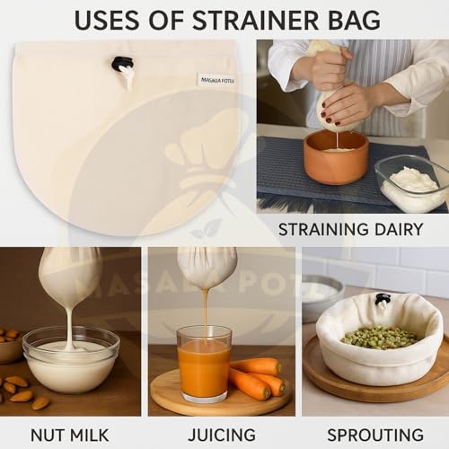 Masala Potli Multipurpose Strainer Bag (Pack of 2) | 100% Cotton Yogurt Maker, Nut Milk, Cold Brew Coffee, Sprouts & Juice Filter | Hung Curd Cloth & Cheesecloth | Washable, Reusable & Eco-Friendly - Image 4