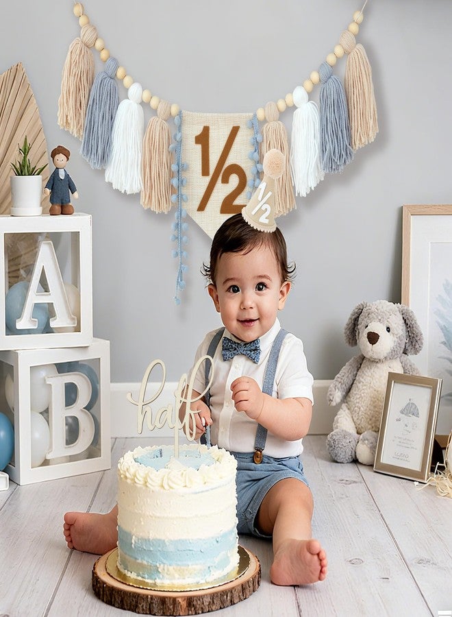 Ereniko 1/2 Birthday Boy Decorations,Half Way To One Baby Boy Decorations,6 Months Birthday Cone Hat Blue 1/2 Pastel High Chair Banner And Cake Topper,Happy Half Year Party Photoshoot Props - Image 5