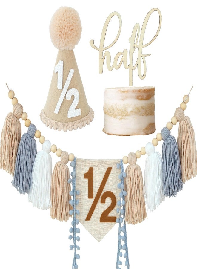 Ereniko 1/2 Birthday Boy Decorations,Half Way To One Baby Boy Decorations,6 Months Birthday Cone Hat Blue 1/2 Pastel High Chair Banner And Cake Topper,Happy Half Year Party Photoshoot Props - Image 2