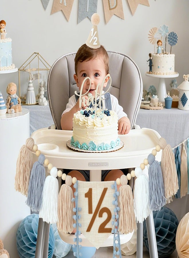 Ereniko 1/2 Birthday Boy Decorations,Half Way To One Baby Boy Decorations,6 Months Birthday Cone Hat Blue 1/2 Pastel High Chair Banner And Cake Topper,Happy Half Year Party Photoshoot Props - Image 4