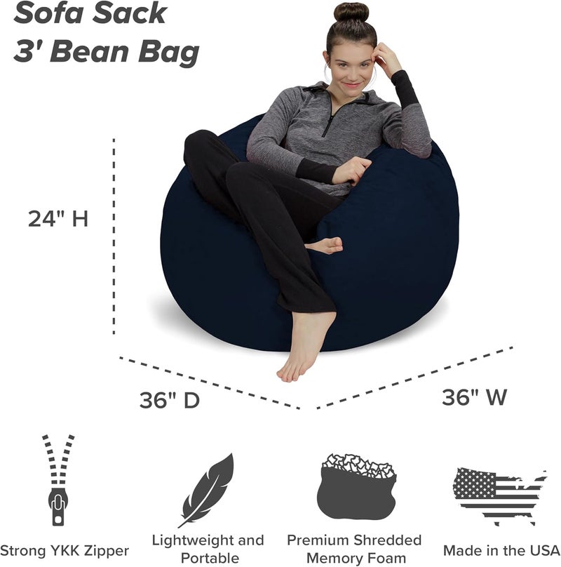 Sofa Sack Bean Bag Chair - Plush, Ultra Soft - Memory Foam Bean Bag Chair with Microsuede Cover - Stuffed Foam Filled Furniture and Accessories for Dorm Room 3 Feet - Navy - Image 3