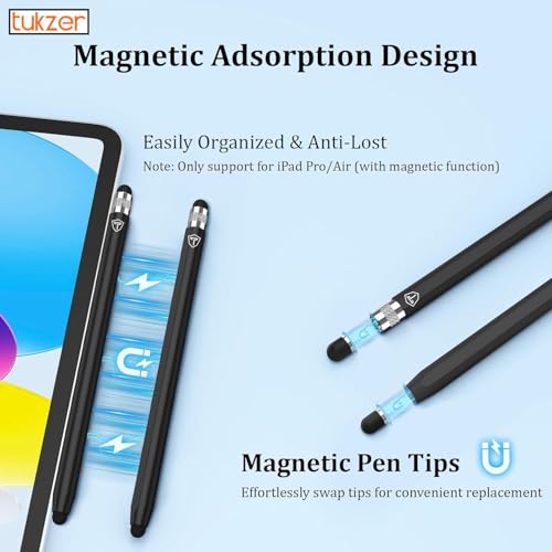 Tukzer 2in1 Tablet Stylus Pen with Soft Rubber Tip,Magnetic Aluminum Body,High Sensitivity & Precision Universal Capacitive Touchscreen Pen for iOS, Android,Smartphone,iPad,Pro,Air,iPhone-Carbon Black - Image 3