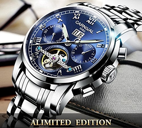 Carnival Luxury Mens tourbillon Automatic Watch Silver Stainless Steel Date Blue Dial Watches - Image 3