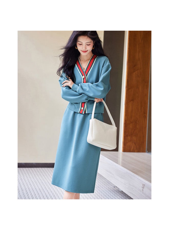 dme Demana Spring And Autumn Color-block Cardigan With Ribbon Skirt, Women's Two-piece Set, Lake Blue, L - Image 5