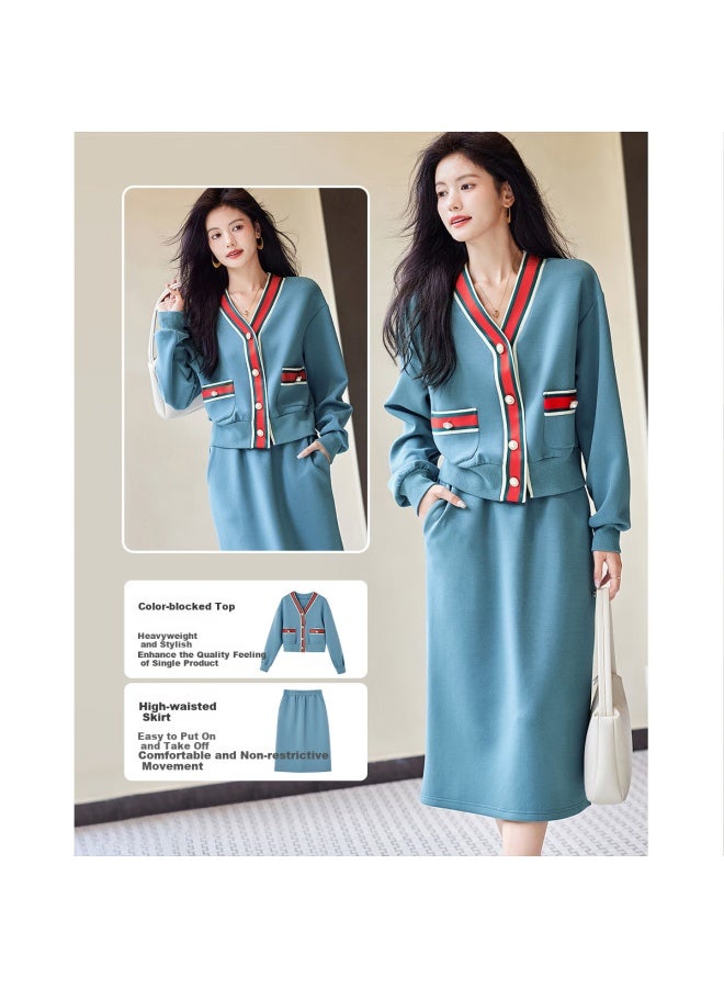 dme Demana Spring And Autumn Color-block Cardigan With Ribbon Skirt, Women's Two-piece Set, Lake Blue, L - Image 3