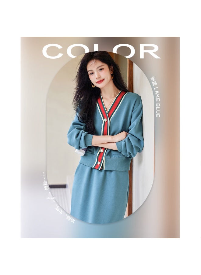 dme Demana Spring And Autumn Color-block Cardigan With Ribbon Skirt, Women's Two-piece Set, Lake Blue, L - Image 2
