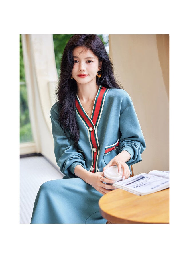 dme Demana Spring And Autumn Color-block Cardigan With Ribbon Skirt, Women's Two-piece Set, Lake Blue, L - Image 1