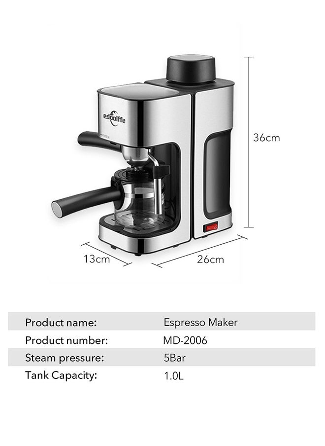 edoolffe - Edoolffe Espresso Machine 5Bar Pressure 800W Power with Stainless Steel Milk Foam Tube for Espresso/Latte/Iecd Coffee/Cappuccino/Con panna - Image 1