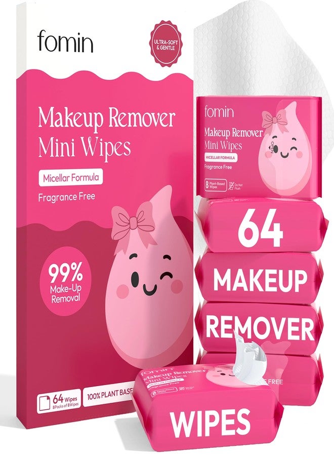 FOMIN Mini Makeup Remover Wipes - 8 Pack (64 Wipes) Unscented Gentle Face Wipes for Full Face Makeup Removal - Non-Irritating & Micellar Formula Travel Ready - Gift for Women & Bridesmaids - Image 1