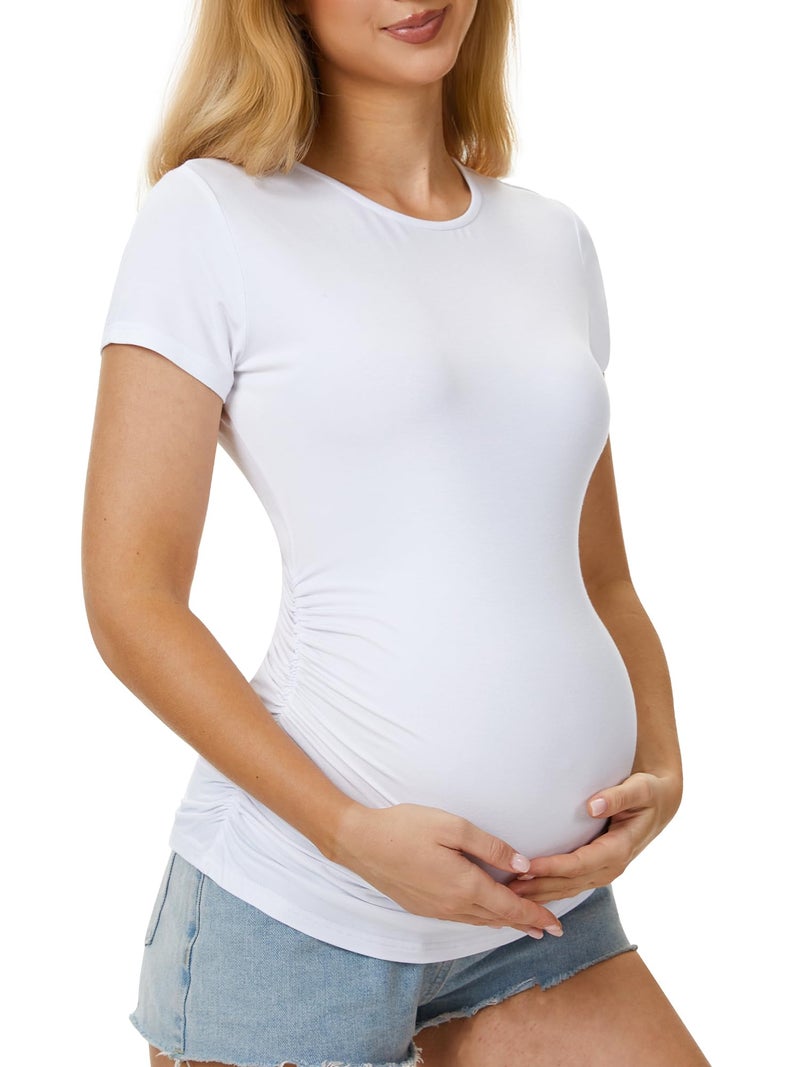 MIRAZEN Maternity Shirts for Women â€“ Crew Neck Maternity Top Short Sleeve Side Ruched Pregnancy Summer Clothes, White, Medium - Image 1