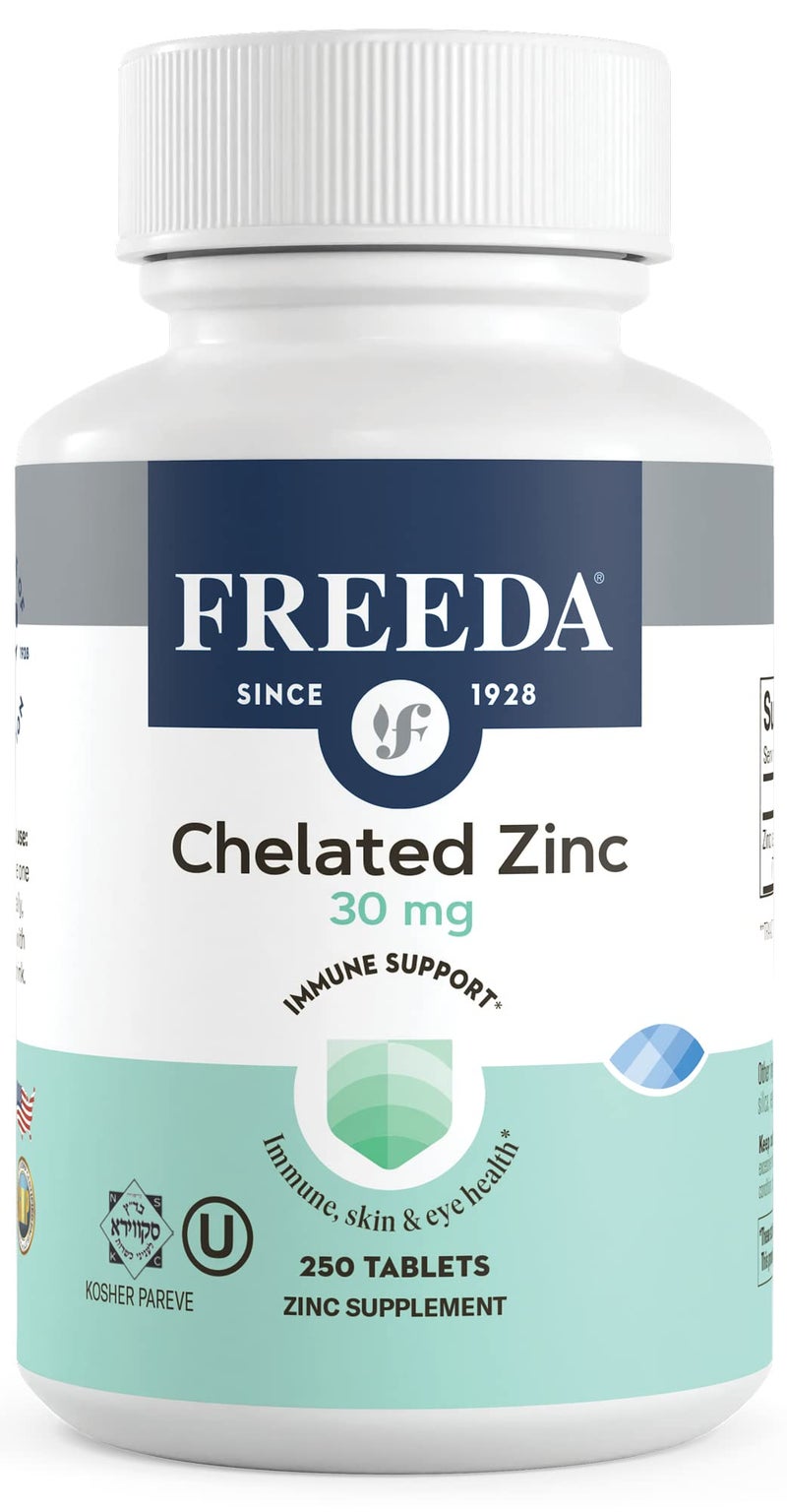 Freeda Chelated Zinc 30mg TRAACS Zinc Bisglycinate for High Absorption Vegan Kosher Gentle on Stomach Immune Support for Adults Men Women 250 Tiny Tablets