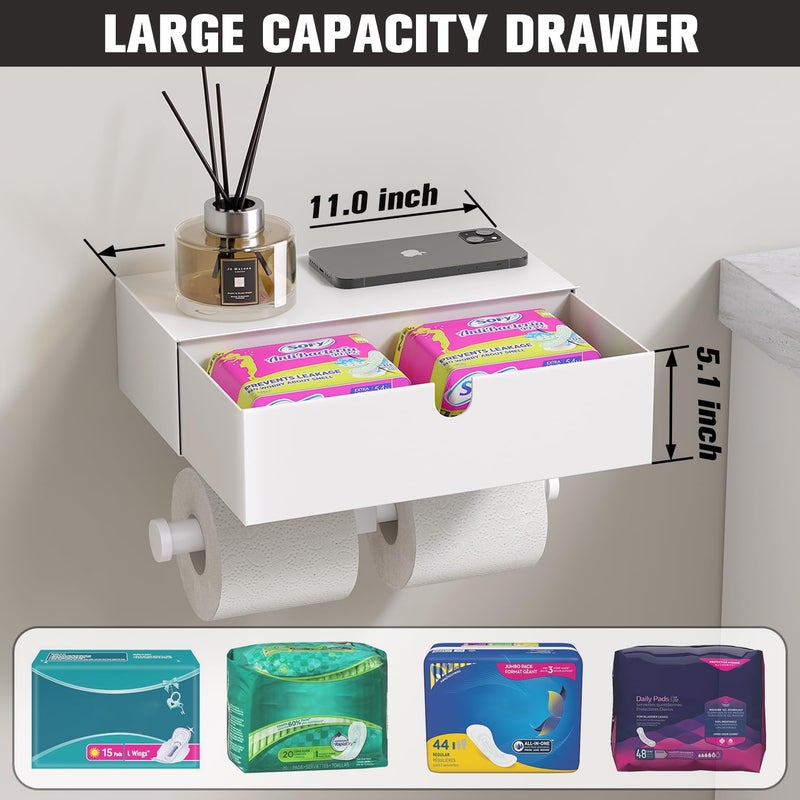 Tindbea Toilet Paper Holder with Storage - Stainless Steel Wall Mounted Toilet Paper Holder with Shelf  Flushable Wipes Holer Dispenser  Tampon Storage for Bathroom  Double Tissue Roll Holder  White - Image 2