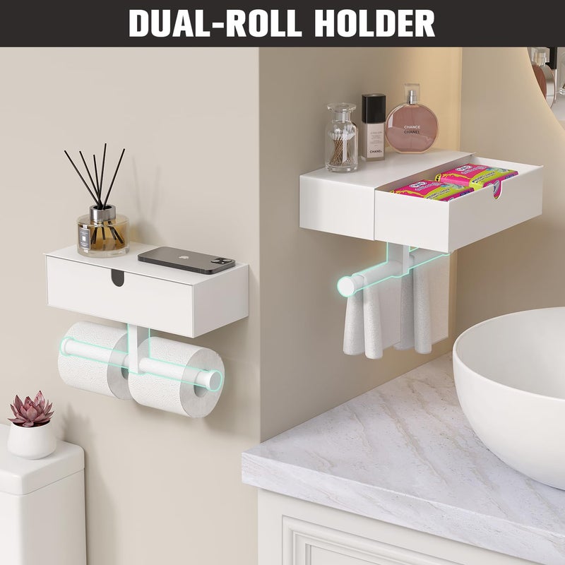 Tindbea Toilet Paper Holder with Storage - Stainless Steel Wall Mounted Toilet Paper Holder with Shelf  Flushable Wipes Holer Dispenser  Tampon Storage for Bathroom  Double Tissue Roll Holder  White - Image 3