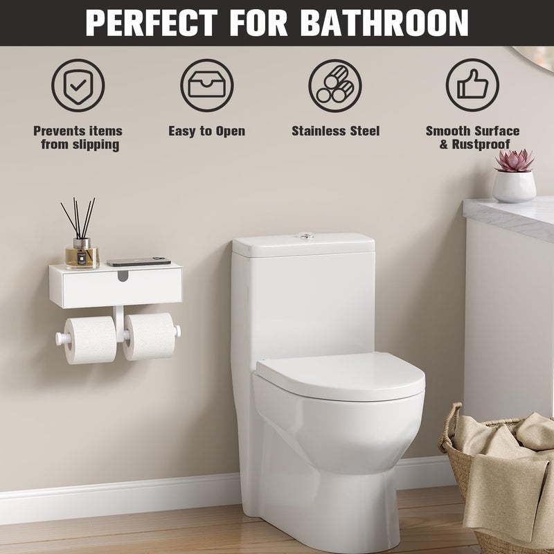 Tindbea Toilet Paper Holder with Storage - Stainless Steel Wall Mounted Toilet Paper Holder with Shelf  Flushable Wipes Holer Dispenser  Tampon Storage for Bathroom  Double Tissue Roll Holder  White - Image 4